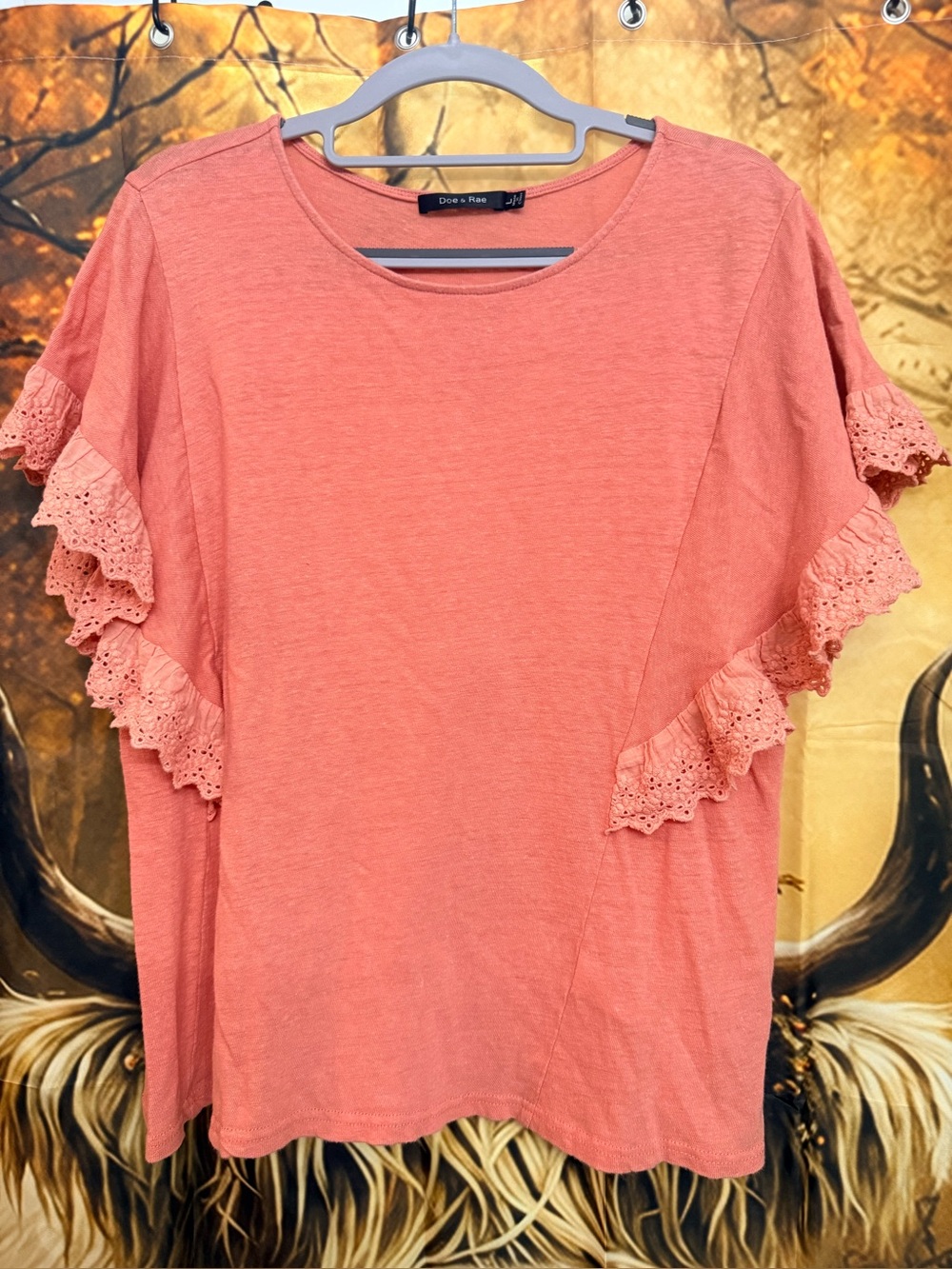 Doe & Rae Coral Pink Eyelet Ruffle Short Sleeve Top